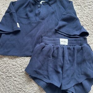 Eleven Eleven Blue Waffle Knit Top and Shorts Set